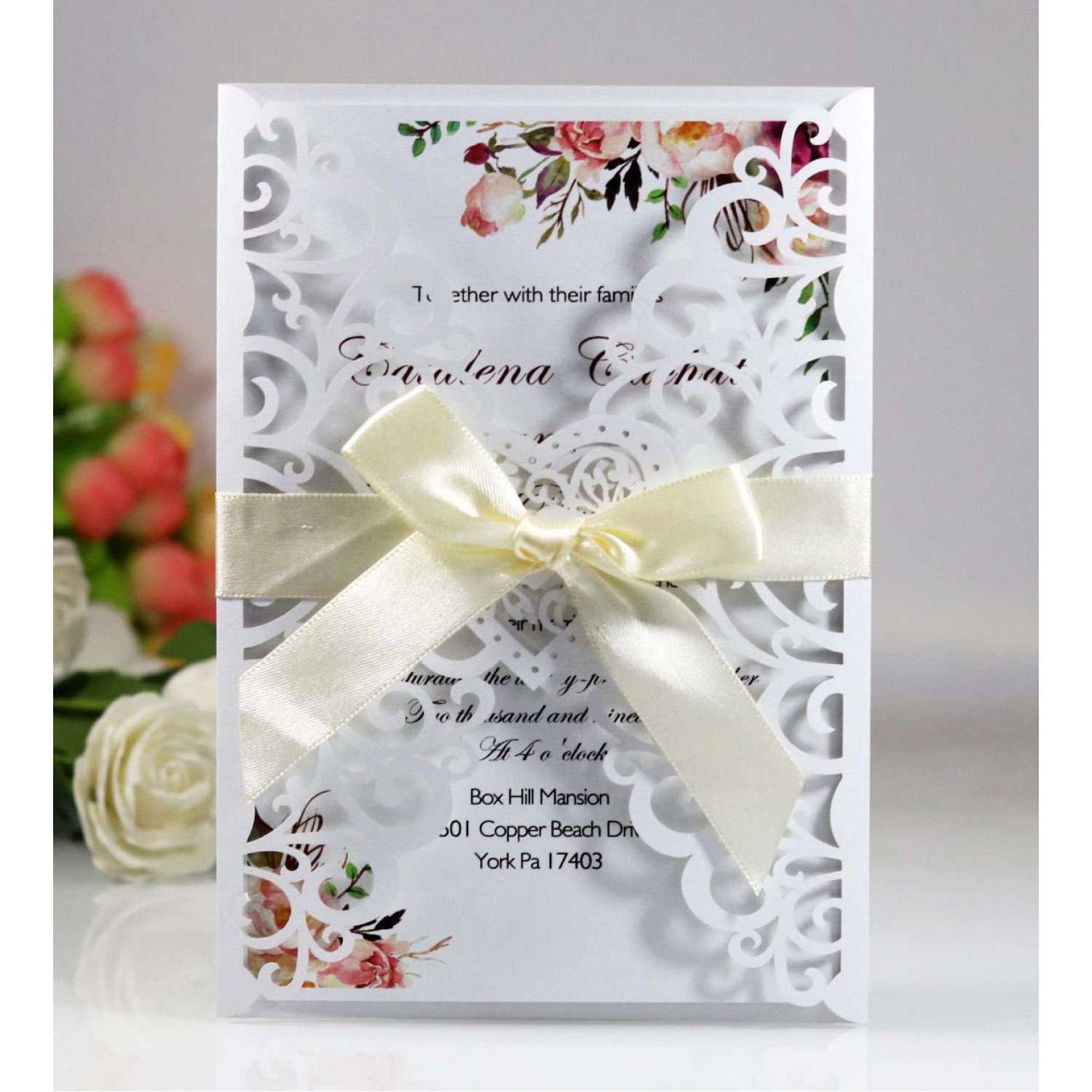 Holiday Greeting Card  Marriage Invitation With Ribbon Bow Laser Cut Paper